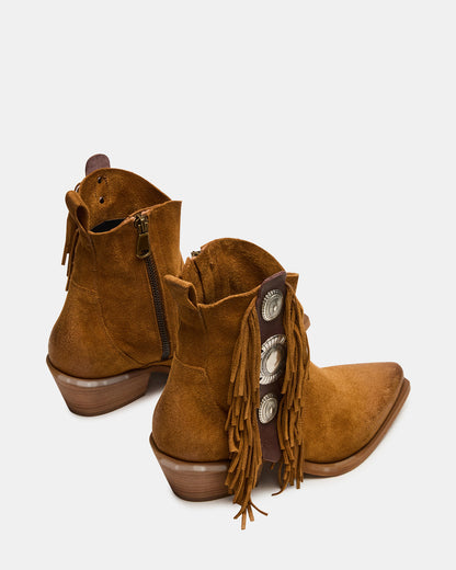 LARAMIE Chestnut Suede Fringe Western Pointed-Toe Women's Ankle Boot - Steve Madden