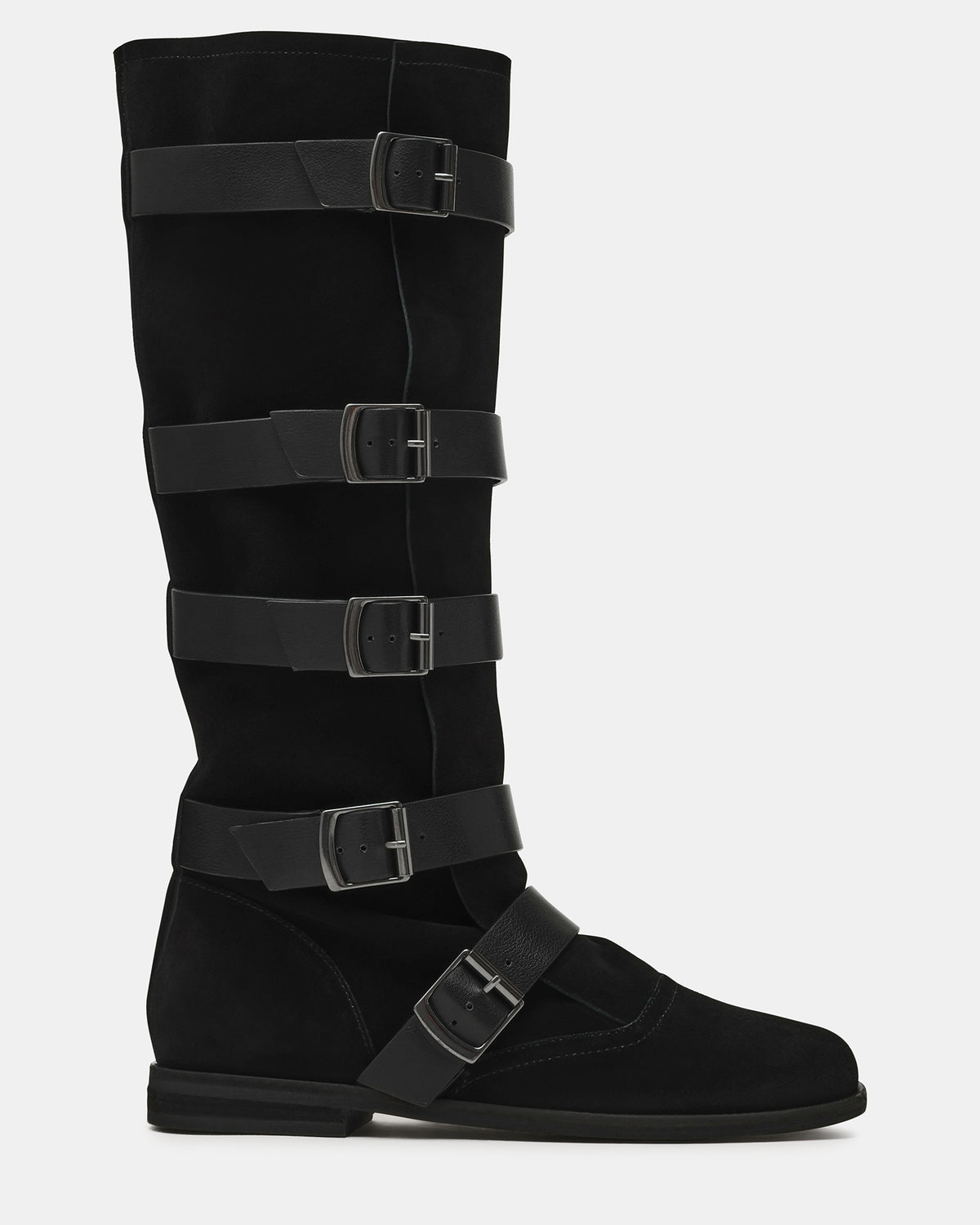 INDIO Black Suede Buckle Strap Knee-High Round-Toe Women's Boot - Steve Madden