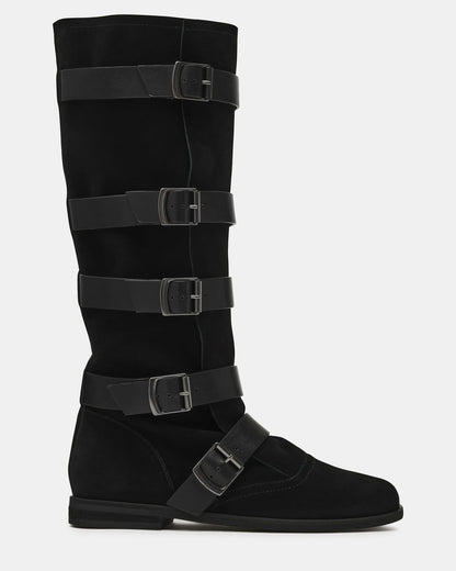 INDIO Black Suede Buckle Strap Knee-High Round-Toe Women's Boot - Steve Madden