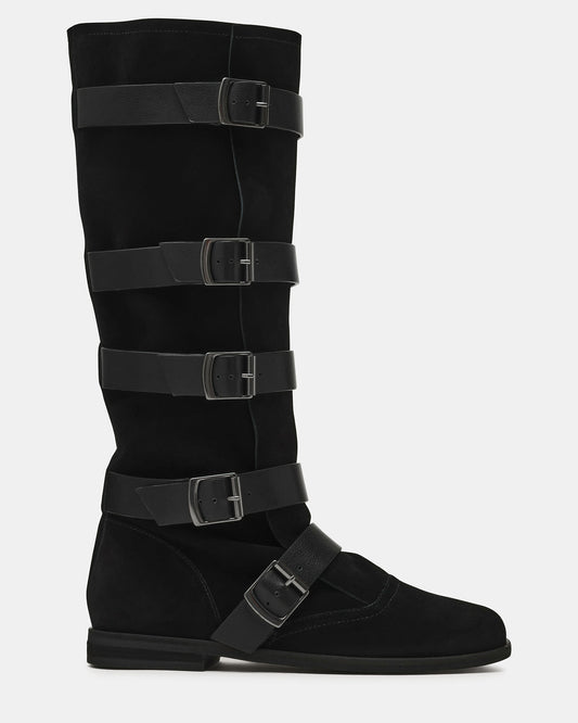 INDIO Black Suede Buckle Strap Knee-High Round-Toe Women's Boot - Steve Madden