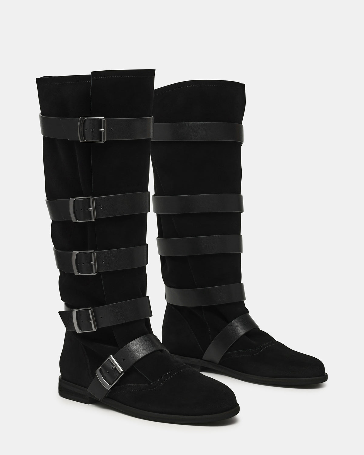 INDIO Black Suede Buckle Strap Knee-High Round-Toe Women's Boot - Steve Madden