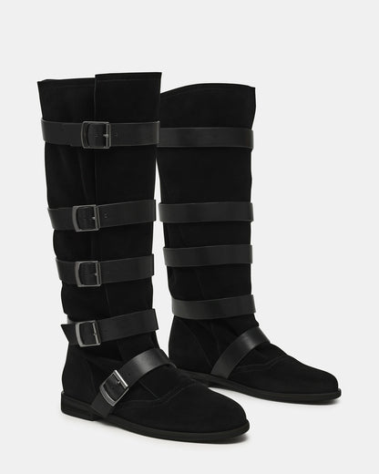 INDIO Black Suede Buckle Strap Knee-High Round-Toe Women's Boot - Steve Madden