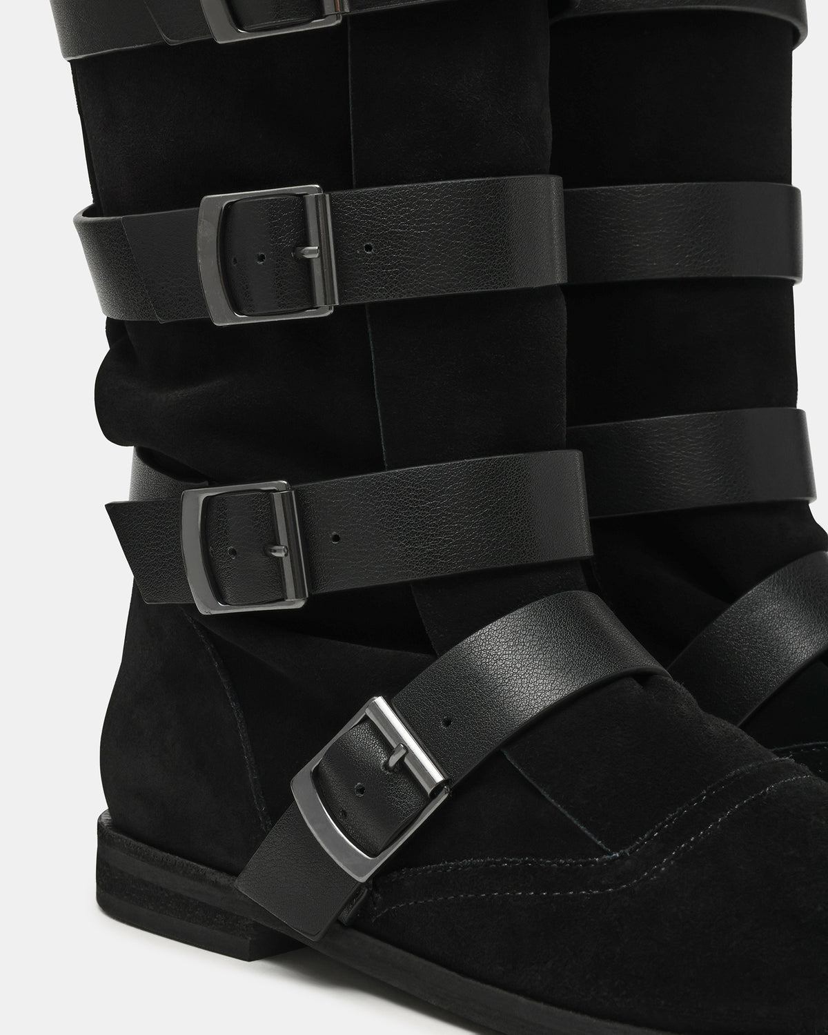 INDIO Black Suede Buckle Strap Knee-High Round-Toe Women's Boot - Steve Madden
