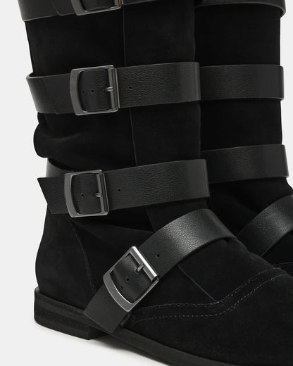 INDIO Black Suede Buckle Strap Knee-High Round-Toe Women's Boot - Steve Madden