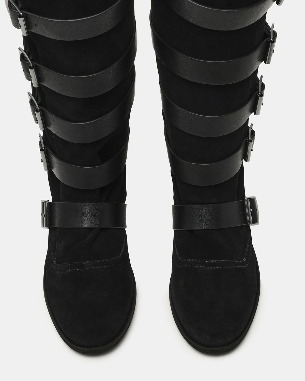 INDIO Black Suede Buckle Strap Knee-High Round-Toe Women's Boot - Steve Madden