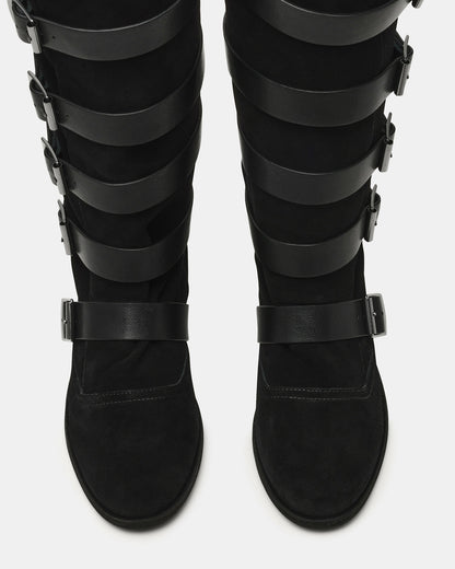 INDIO Black Suede Buckle Strap Knee-High Round-Toe Women's Boot - Steve Madden