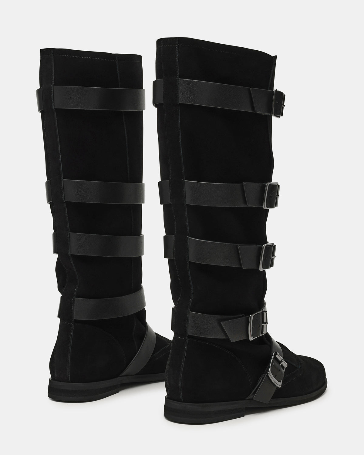 INDIO Black Suede Buckle Strap Knee-High Round-Toe Women's Boot - Steve Madden