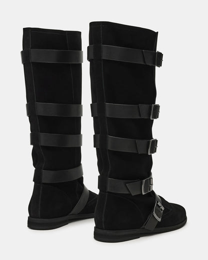 INDIO Black Suede Buckle Strap Knee-High Round-Toe Women's Boot - Steve Madden