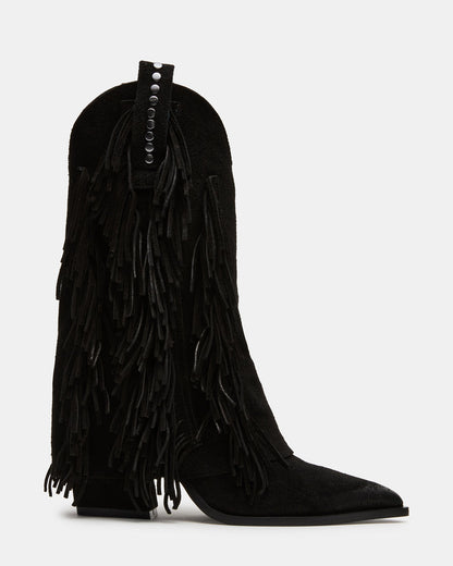 LANDMARK Black Suede Cuffed Fringe Western Women's Ankle Boot - Steve Madden