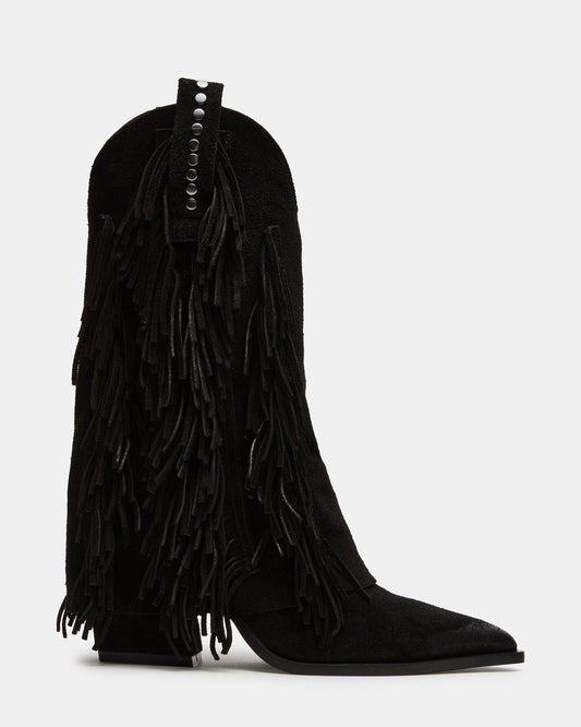 LANDMARK Black Suede Cuffed Fringe Western Women's Ankle Boot - Steve Madden
