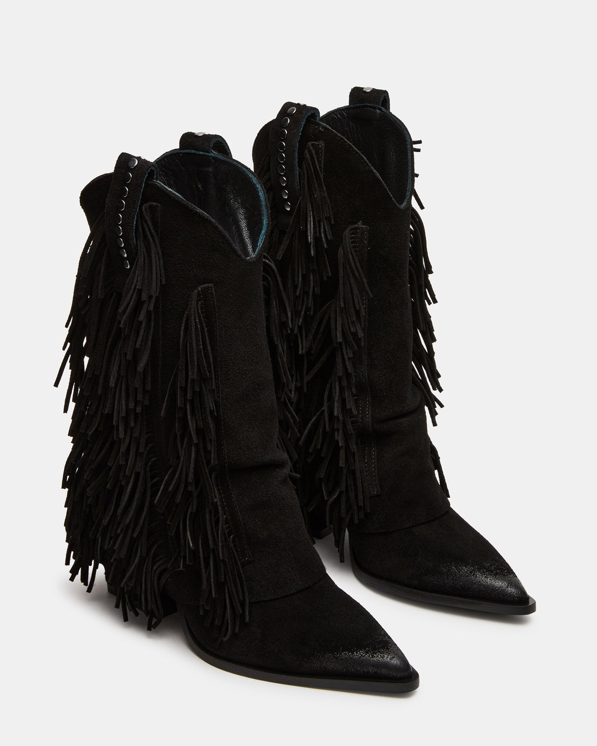 LANDMARK Black Suede Cuffed Fringe Western Women's Ankle Boot - Steve Madden