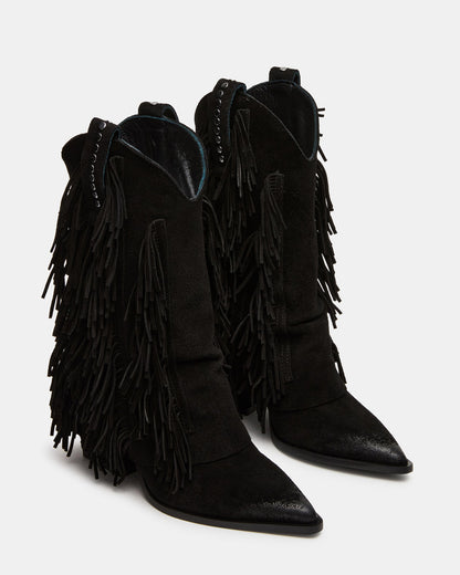 LANDMARK Black Suede Cuffed Fringe Western Women's Ankle Boot - Steve Madden