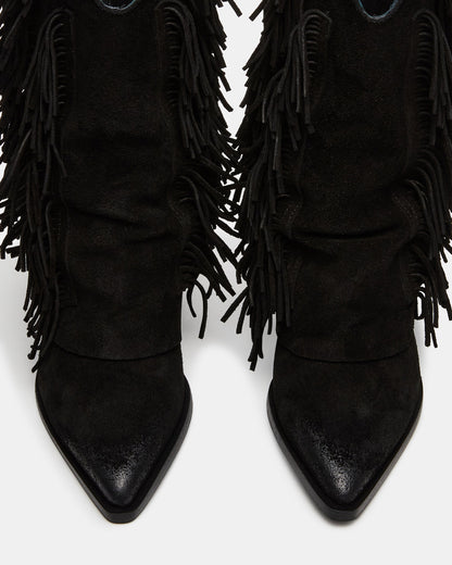 LANDMARK Black Suede Cuffed Fringe Western Women's Ankle Boot - Steve Madden