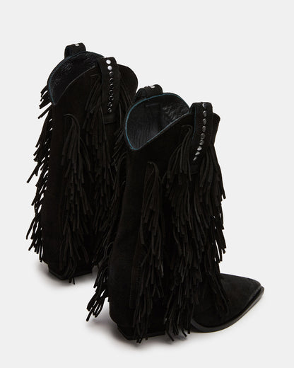 LANDMARK Black Suede Cuffed Fringe Western Women's Ankle Boot - Steve Madden