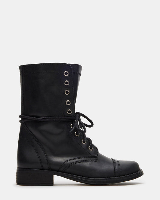 TROOPA3.0 Black Leather Women's Moto Combat Ankle Boot - Steve Madden