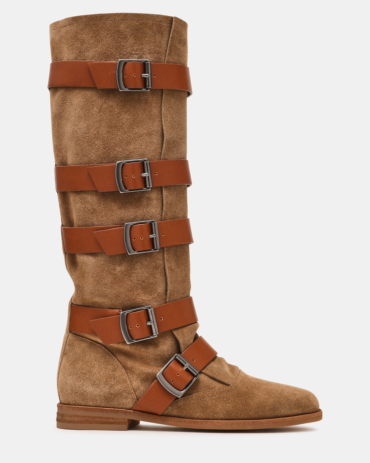 INDIO Tan Suede Buckle Strap Knee-High Round-Toe Women's Boot - Steve Madden