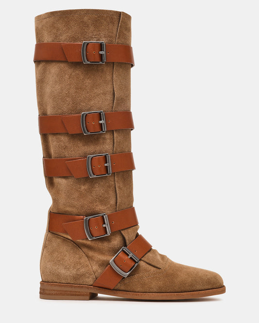 INDIO Tan Suede Buckle Strap Knee-High Round-Toe Women's Boot - Steve Madden