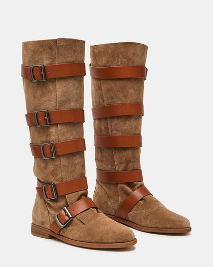 INDIO Tan Suede Buckle Strap Knee-High Round-Toe Women's Boot - Steve Madden