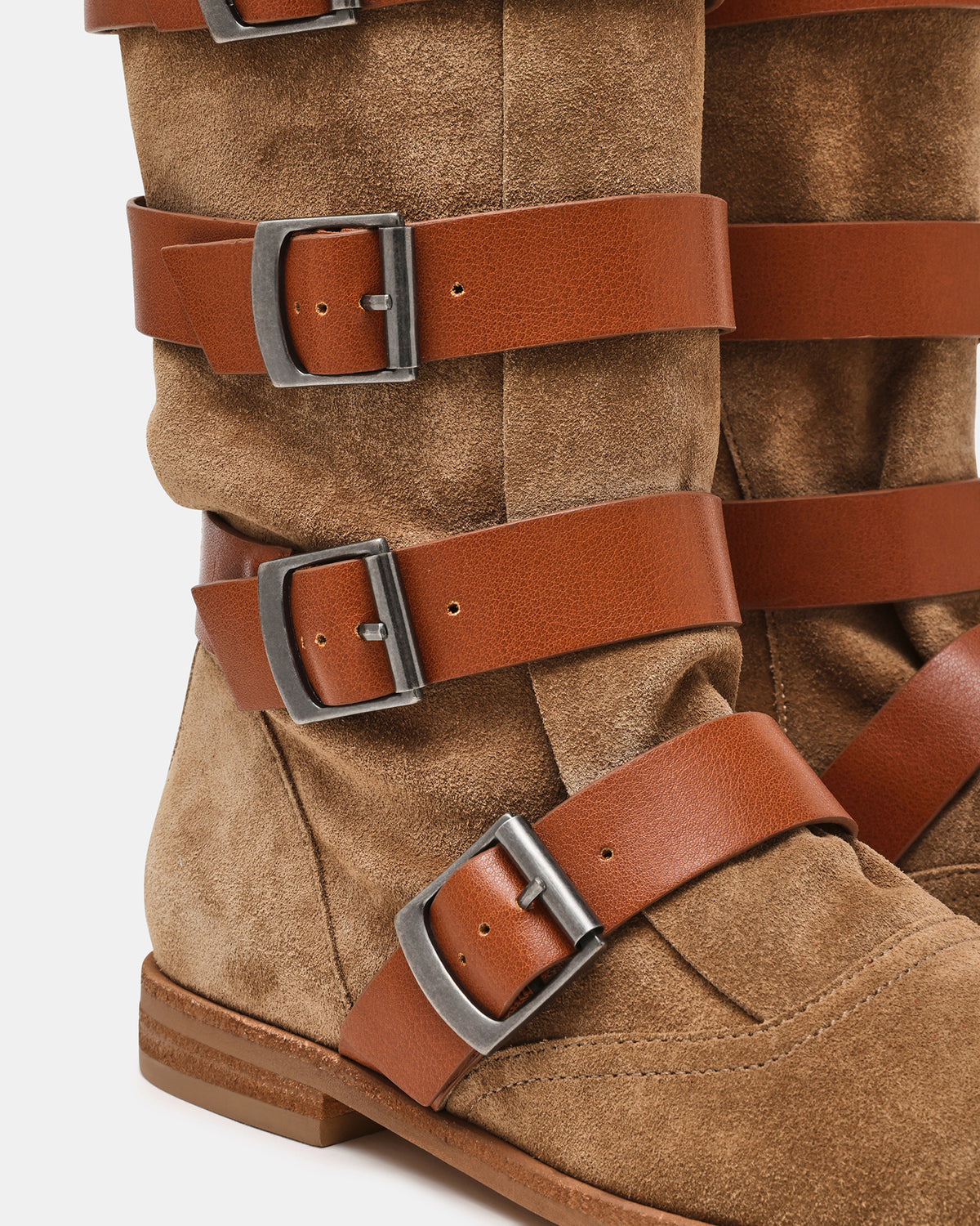 INDIO Tan Suede Buckle Strap Knee-High Round-Toe Women's Boot - Steve Madden