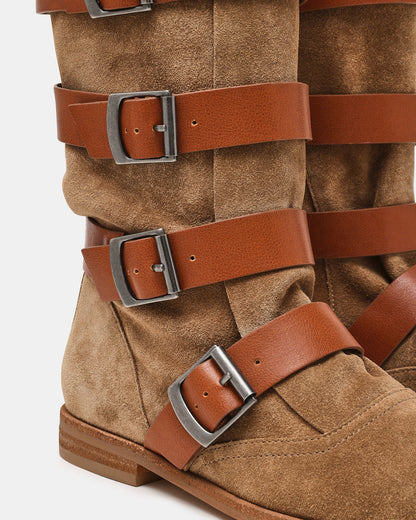 INDIO Tan Suede Buckle Strap Knee-High Round-Toe Women's Boot - Steve Madden