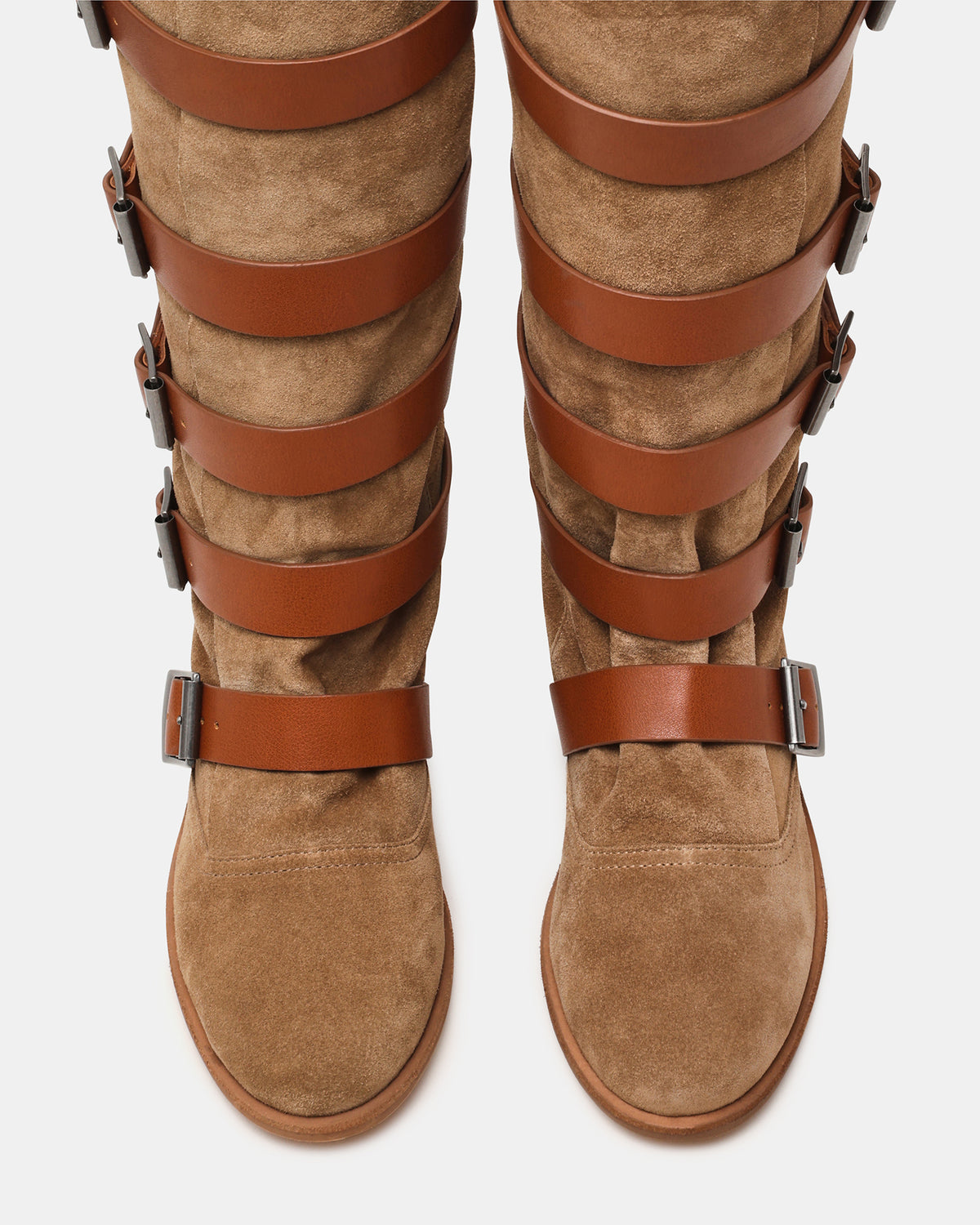 INDIO Tan Suede Buckle Strap Knee-High Round-Toe Women's Boot - Steve Madden