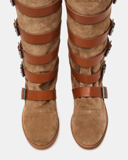 INDIO Tan Suede Buckle Strap Knee-High Round-Toe Women's Boot - Steve Madden