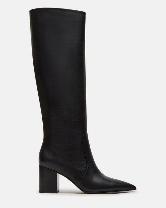SKYLINE Black Leather Knee-High Pointed Toe Women's Boot - Steve Madden