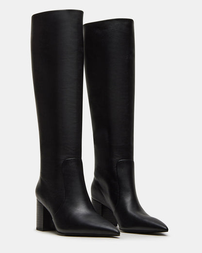 SKYLINE Black Leather Knee-High Pointed Toe Women's Boot - Steve Madden