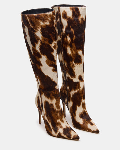 NITRO Brown Cow Print Wide Calf Pointed-Toe Stiletto Heel Knee-High Women's Boots - Steve Madden
