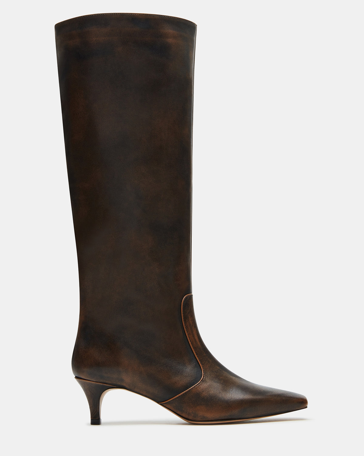 LANDER Brown Distressed Knee-High Kitten Heel Women's Boot - Steve Madden