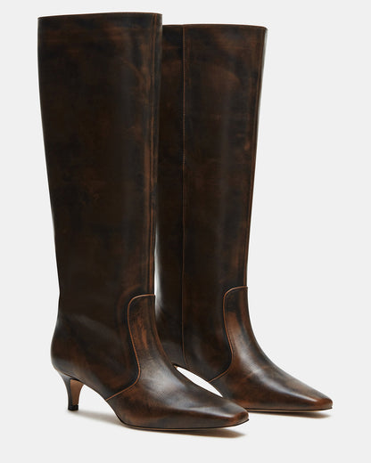 LANDER Brown Distressed Knee-High Kitten Heel Women's Boot - Steve Madden