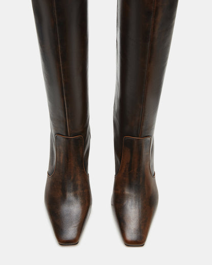 LANDER Brown Distressed Knee-High Kitten Heel Women's Boot - Steve Madden