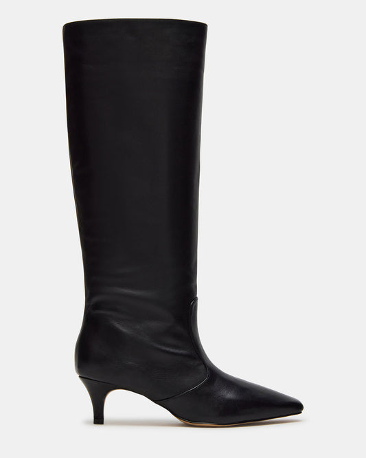 LANDER Black Leather Knee-High Kitten Heel Women's Boot - Steve Madden