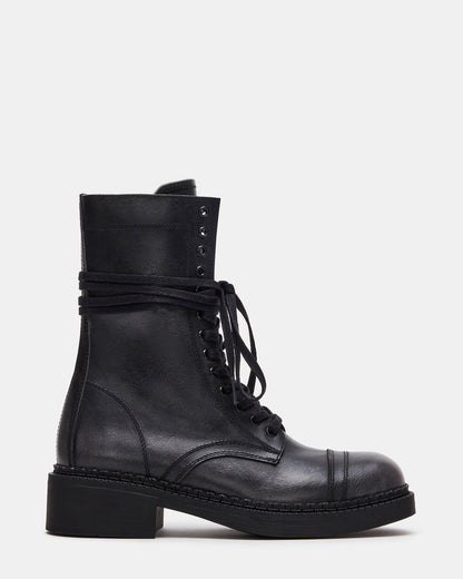 CRIMSON Black Distressed Moto Combat Women's Ankle Booties - Steve Madden