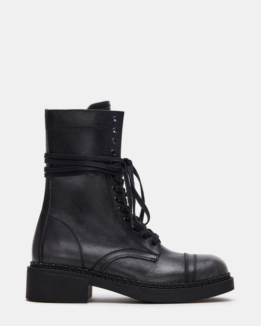 CRIMSON Black Distressed Moto Combat Women's Ankle Booties - Steve Madden
