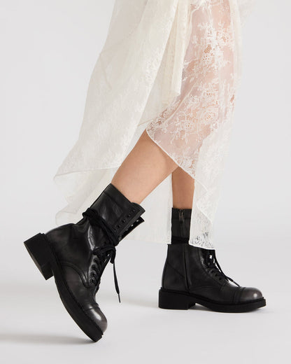 CRIMSON Black Distressed Moto Combat Women's Ankle Booties - Steve Madden