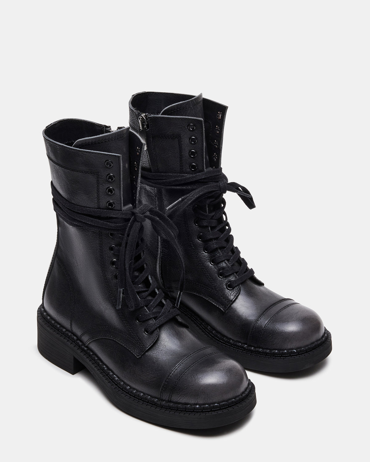 CRIMSON Black Distressed Moto Combat Women's Ankle Booties - Steve Madden