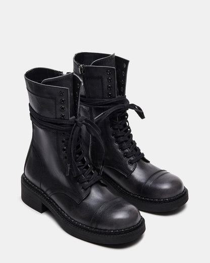 CRIMSON Black Distressed Moto Combat Women's Ankle Booties - Steve Madden