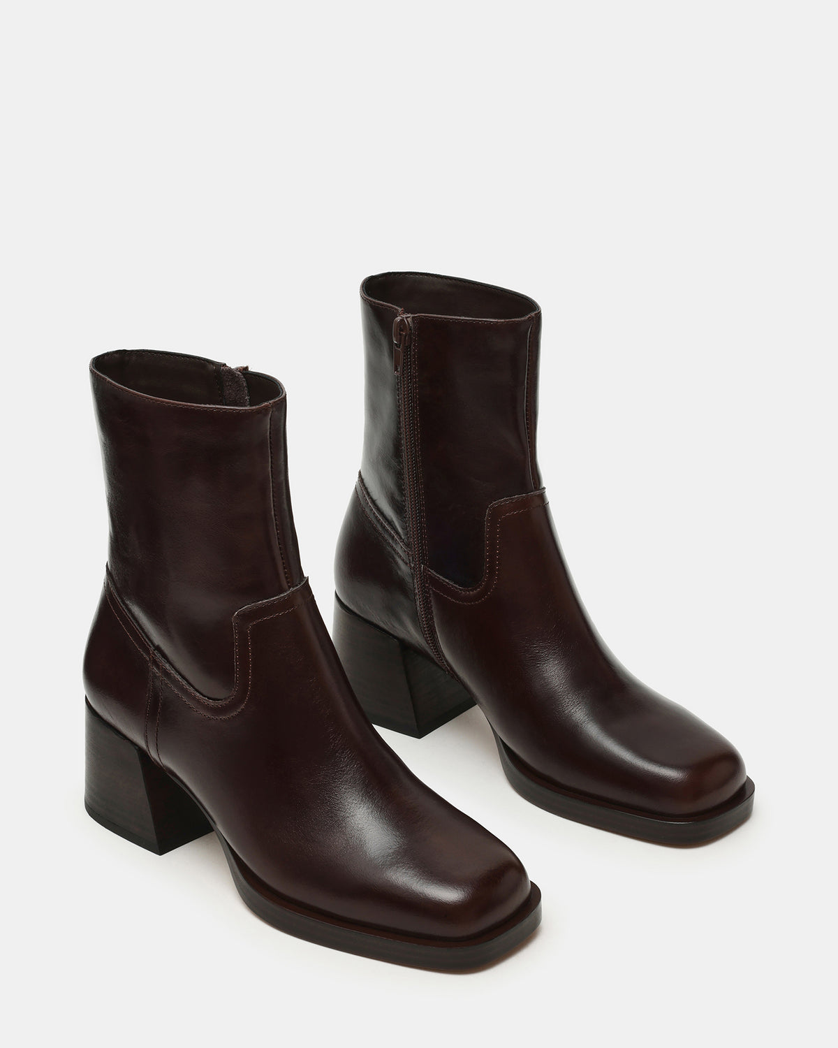 LATCHES Brown Leather Square-Toe Block Heel Women's Ankle Boot - Steve Madden
