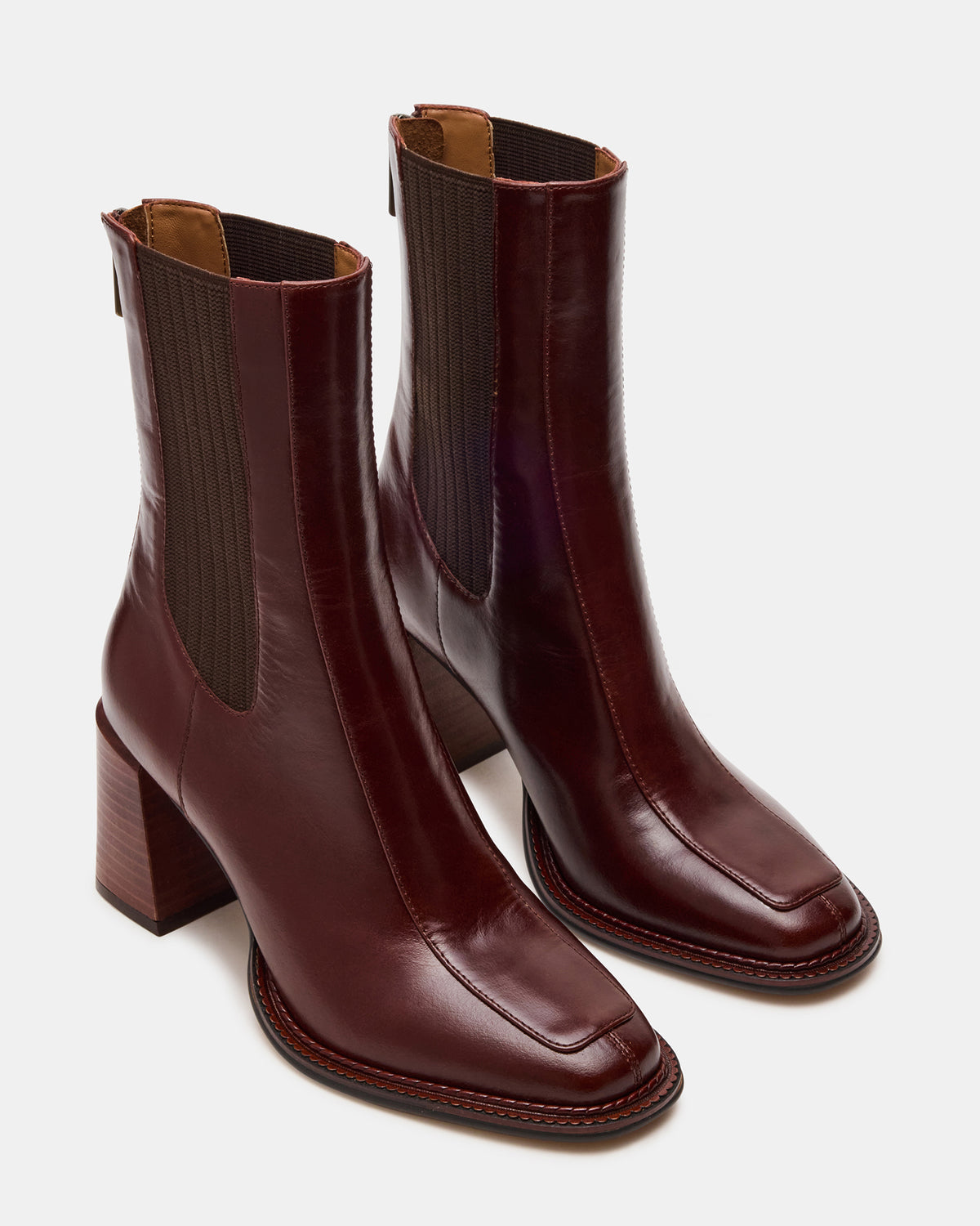 DOWNTOWN Brown Leather Women's Chelsea Block Heel Ankle Boot - Steve Madden