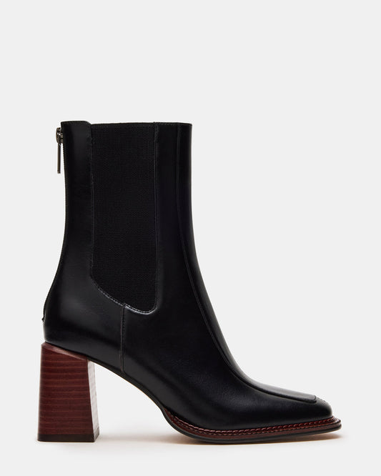 DOWNTOWN Black Leather Chelsea Block Heel Ankle Boot | Women's Booties - Steve Madden