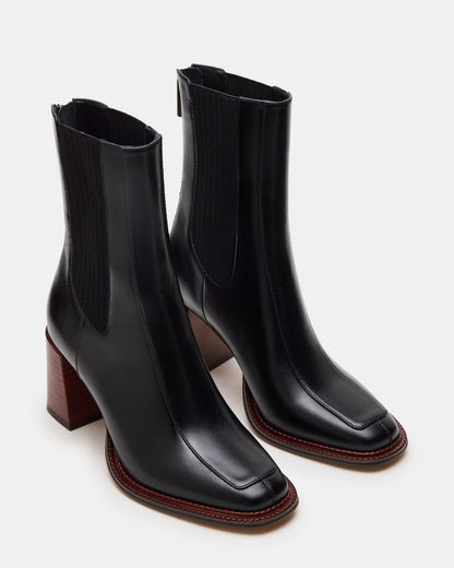 DOWNTOWN Black Leather Chelsea Block Heel Ankle Boot | Women's Booties - Steve Madden