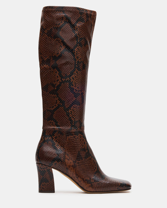 ELLIOT Brown Snake Square-Toe Knee-High Block Heel Women's Boot - Steve Madden
