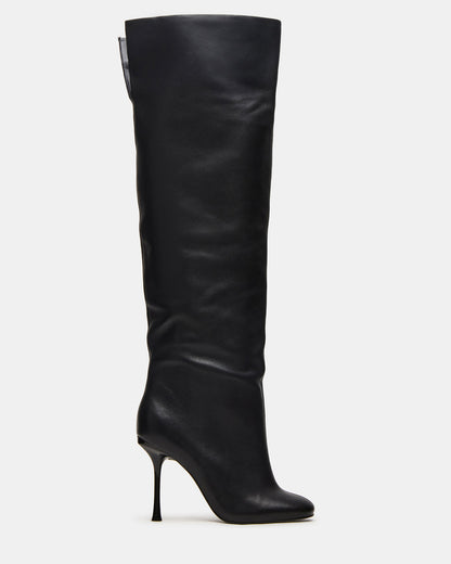 ALLURING Black Leather Over-The-Knee Square-Toe Heeled Women's Boot - Steve Madden