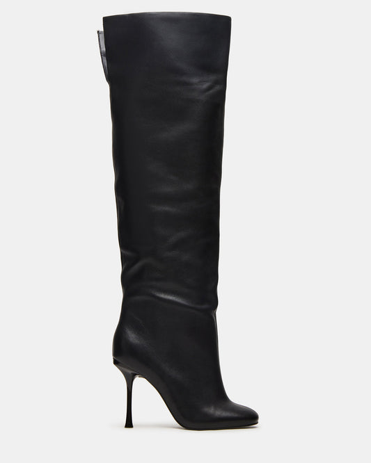 ALLURING Black Leather Over-The-Knee Square-Toe Heeled Women's Boot - Steve Madden