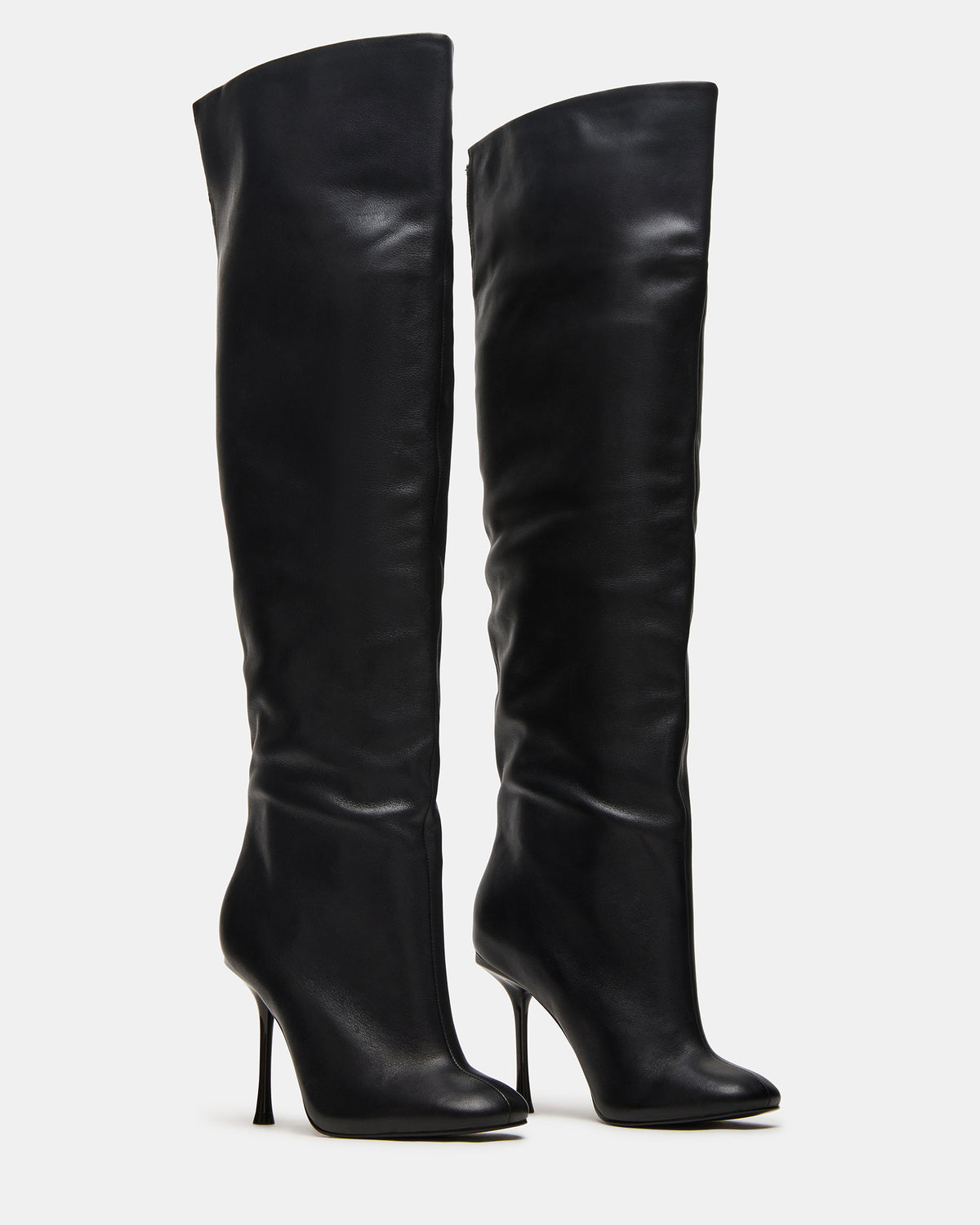 ALLURING Black Leather Over-The-Knee Square-Toe Heeled Women's Boot - Steve Madden