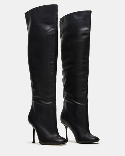 ALLURING Black Leather Over-The-Knee Square-Toe Heeled Women's Boot - Steve Madden