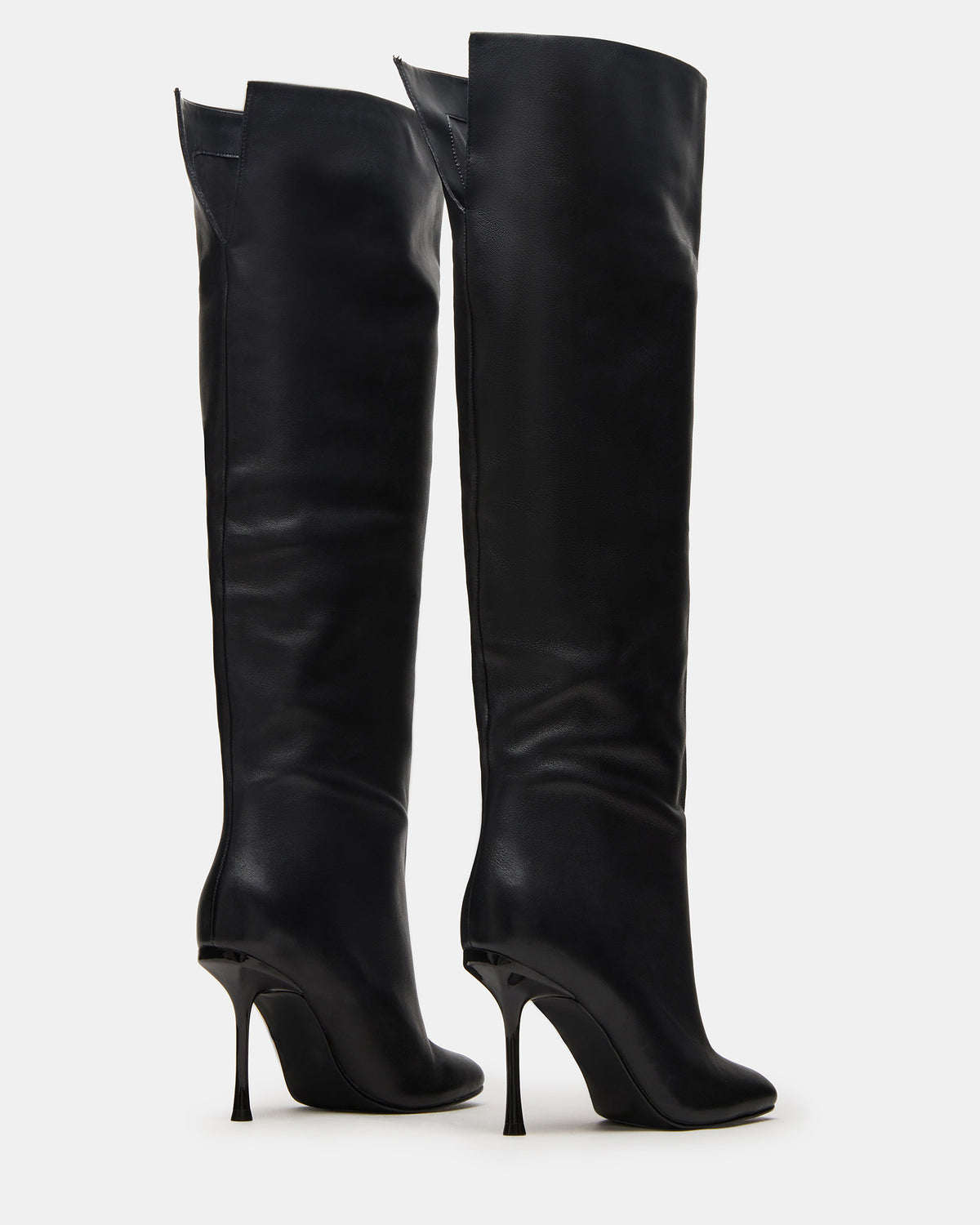 ALLURING Black Leather Over-The-Knee Square-Toe Heeled Women's Boot - Steve Madden