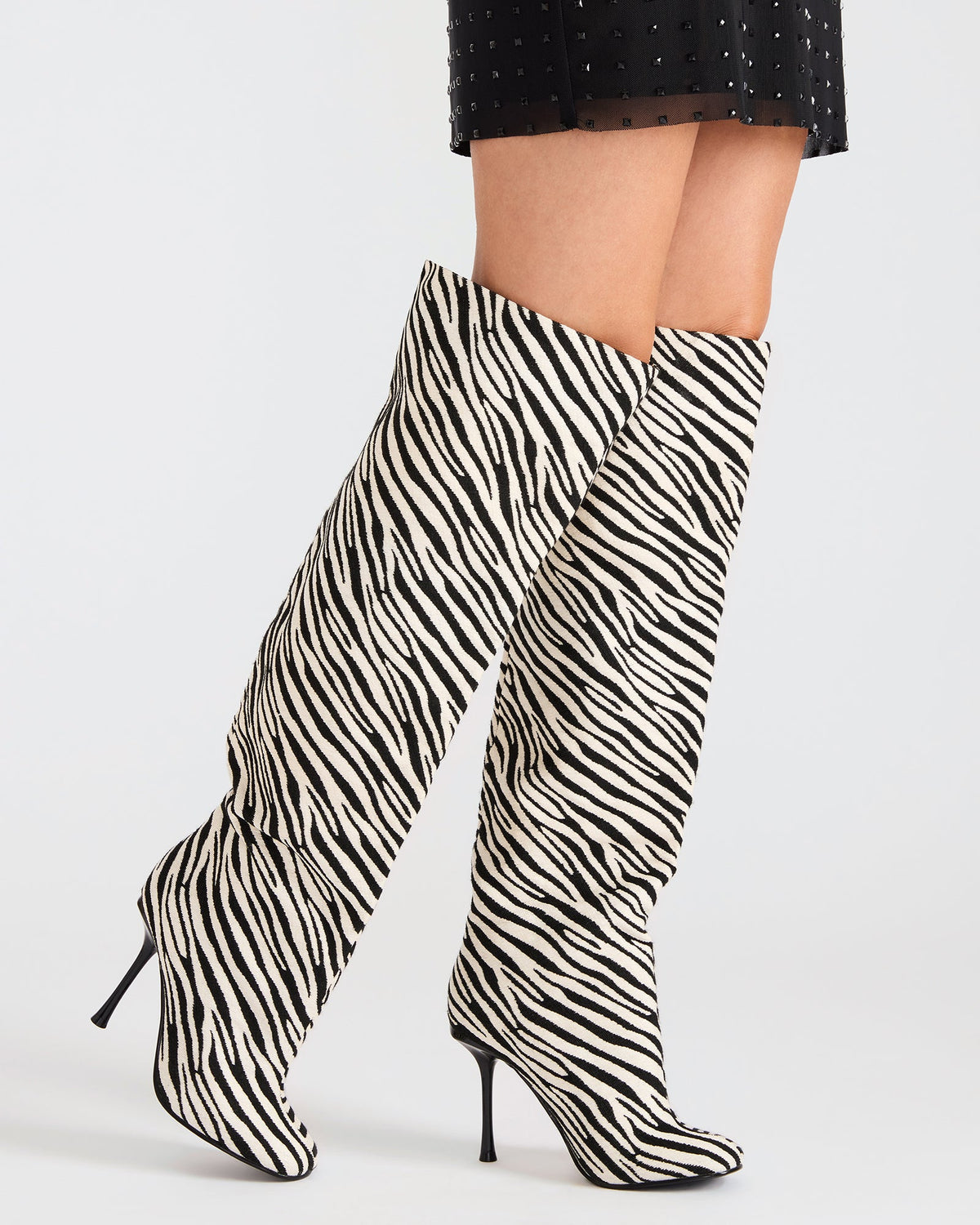 ALLURING Black Leather Over-The-Knee Square-Toe Heeled Women's Boot - Steve Madden