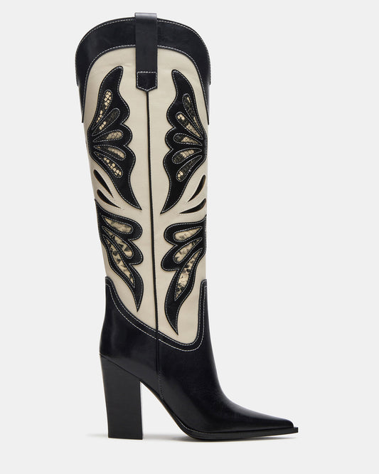 KAZ Black/White Pointed-Toe Knee-High Block Heel Western Women's Boot - Steve Madden